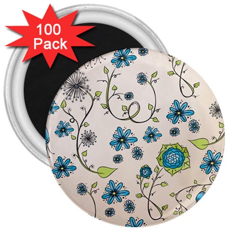 Whimsical Flowers Blue 3  Button Magnet (100 pack) from UrbanLoad.com Front