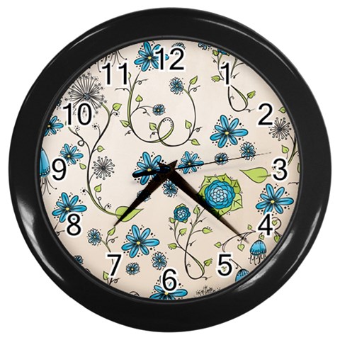 Whimsical Flowers Blue Wall Clock (Black) from UrbanLoad.com Front
