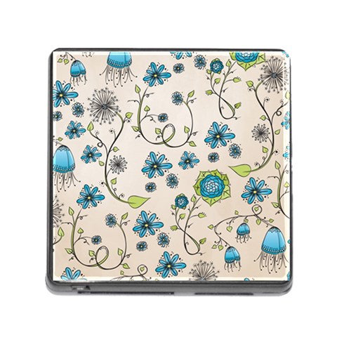 Whimsical Flowers Blue Memory Card Reader with Storage (Square) from UrbanLoad.com Front