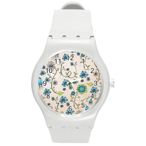 Whimsical Flowers Blue Plastic Sport Watch (Medium) from UrbanLoad.com Front