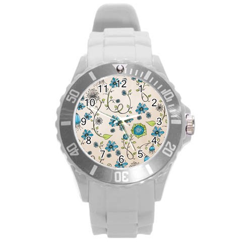 Whimsical Flowers Blue Plastic Sport Watch (Large) from UrbanLoad.com Front