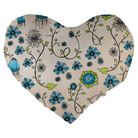 Whimsical Flowers Blue 19  Premium Heart Shape Cushion from UrbanLoad.com Front