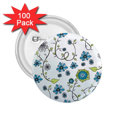 Blue Whimsical Flowers  on blue 2.25  Button (100 pack) from UrbanLoad.com Front