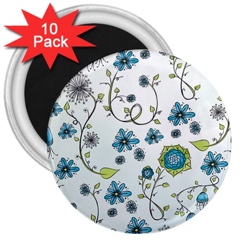 Blue Whimsical Flowers  on blue 3  Button Magnet (10 pack) from UrbanLoad.com Front