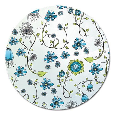 Blue Whimsical Flowers  on blue Magnet 5  (Round) from UrbanLoad.com Front