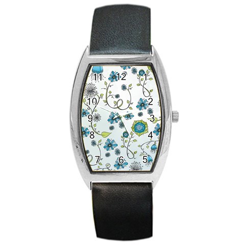 Blue Whimsical Flowers  on blue Tonneau Leather Watch from UrbanLoad.com Front