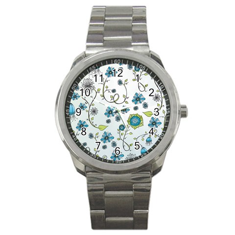 Blue Whimsical Flowers  on blue Sport Metal Watch from UrbanLoad.com Front