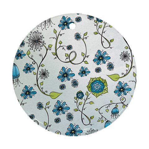 Blue Whimsical Flowers  on blue Round Ornament (Two Sides) from UrbanLoad.com Front