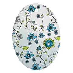Blue Whimsical Flowers  on blue Oval Ornament (Two Sides) from UrbanLoad.com Back