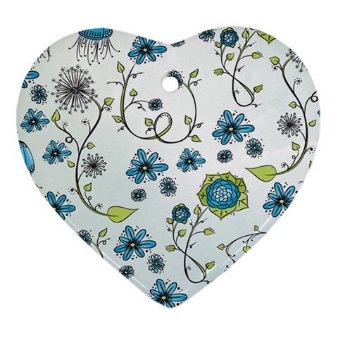Blue Whimsical Flowers  on blue Heart Ornament (Two Sides) from UrbanLoad.com Front