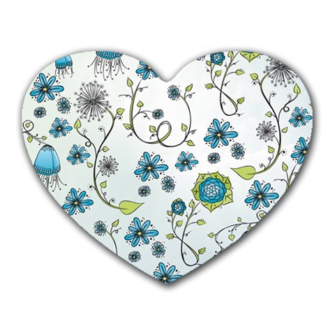 Blue Whimsical Flowers  on blue Mouse Pad (Heart) from UrbanLoad.com Front