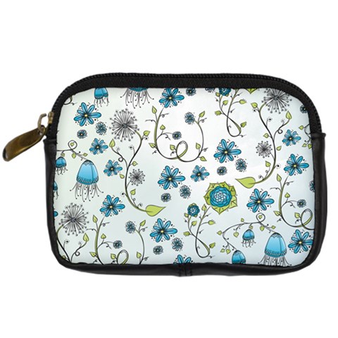 Blue Whimsical Flowers  on blue Digital Camera Leather Case from UrbanLoad.com Front