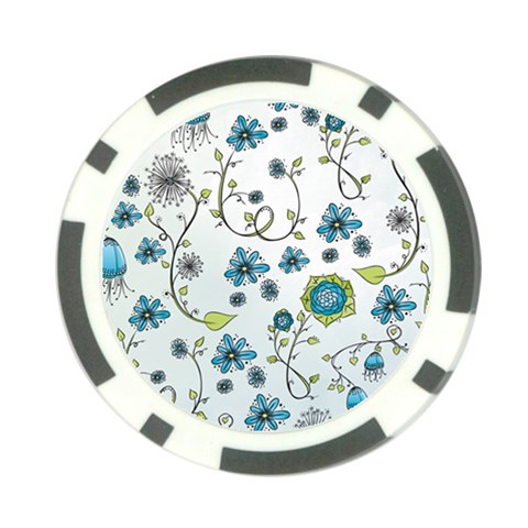 Blue Whimsical Flowers  on blue Poker Chip (10 Pack) from UrbanLoad.com Front