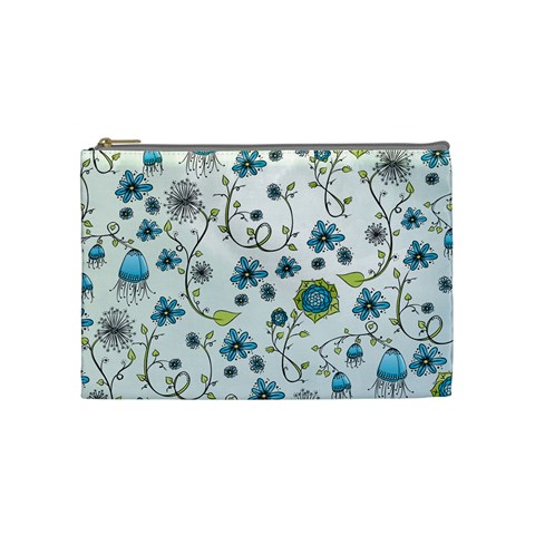 Blue Whimsical Flowers  on blue Cosmetic Bag (Medium) from UrbanLoad.com Front