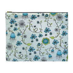 Blue Whimsical Flowers  on blue Cosmetic Bag (XL) from UrbanLoad.com Front