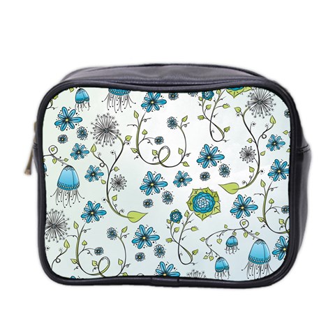 Blue Whimsical Flowers  on blue Mini Travel Toiletry Bag (Two Sides) from UrbanLoad.com Front