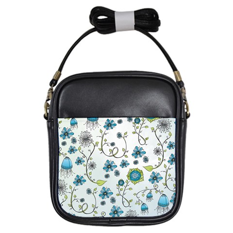 Blue Whimsical Flowers  on blue Girl s Sling Bag from UrbanLoad.com Front