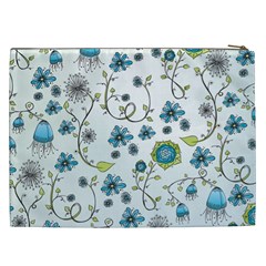Blue Whimsical Flowers  on blue Cosmetic Bag (XXL) from UrbanLoad.com Back