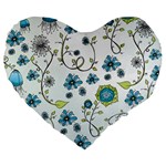 Blue Whimsical Flowers  on blue 19  Premium Heart Shape Cushion
