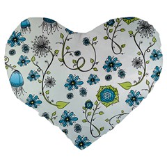 Blue Whimsical Flowers  on blue 19  Premium Heart Shape Cushion from UrbanLoad.com Back