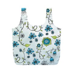 Blue Whimsical Flowers  on blue Reusable Bag (M) from UrbanLoad.com Back