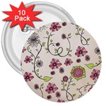 Pink Whimsical flowers on beige 3  Button (10 pack)