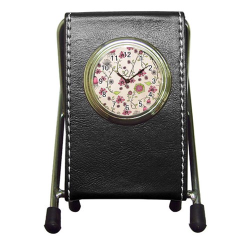 Pink Whimsical flowers on beige Stationery Holder Clock from UrbanLoad.com Front