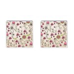 Pink Whimsical flowers on beige Cufflinks (Square)