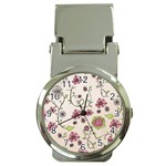 Pink Whimsical flowers on beige Money Clip with Watch