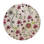 Pink Whimsical flowers on beige Round Ornament (Two Sides)