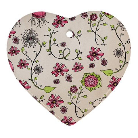 Pink Whimsical flowers on beige Heart Ornament (Two Sides) from UrbanLoad.com Front