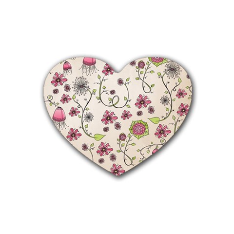 Pink Whimsical flowers on beige Drink Coasters 4 Pack (Heart)  from UrbanLoad.com Front