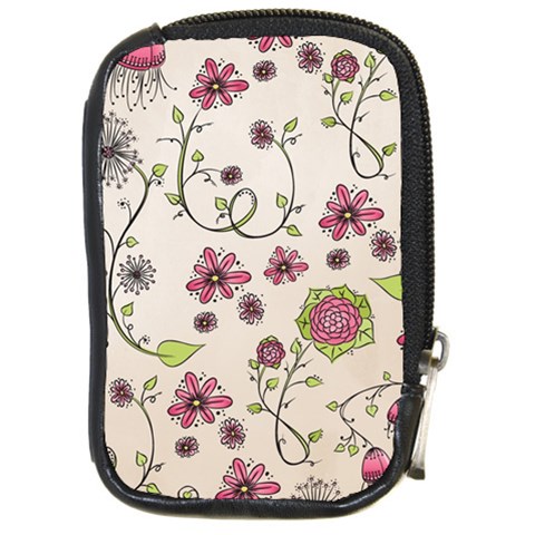 Pink Whimsical flowers on beige Compact Camera Leather Case from UrbanLoad.com Front