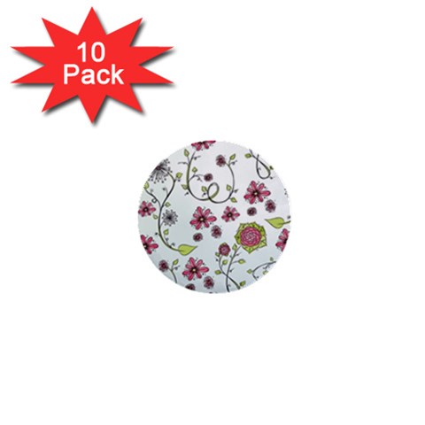 Pink whimsical flowers on blue 1  Mini Button (10 pack) from UrbanLoad.com Front