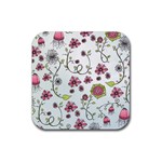 Pink whimsical flowers on blue Drink Coaster (Square)
