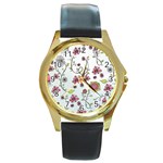 Pink whimsical flowers on blue Round Leather Watch (Gold Rim) 