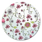 Pink whimsical flowers on blue Magnet 5  (Round)