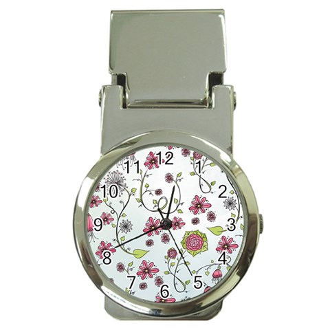 Pink whimsical flowers on blue Money Clip with Watch from UrbanLoad.com Front
