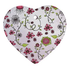 Pink whimsical flowers on pink Heart Ornament (Two Sides) from UrbanLoad.com Front