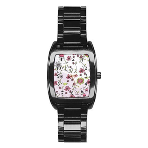 Pink whimsical flowers on pink Stainless Steel Barrel Watch from UrbanLoad.com Front