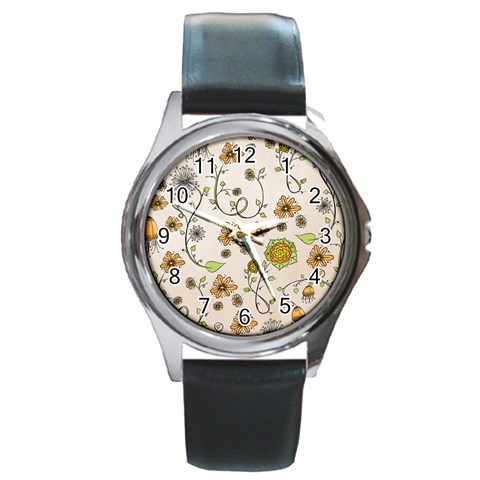 Yellow Whimsical Flowers  Round Leather Watch (Silver Rim) from UrbanLoad.com Front