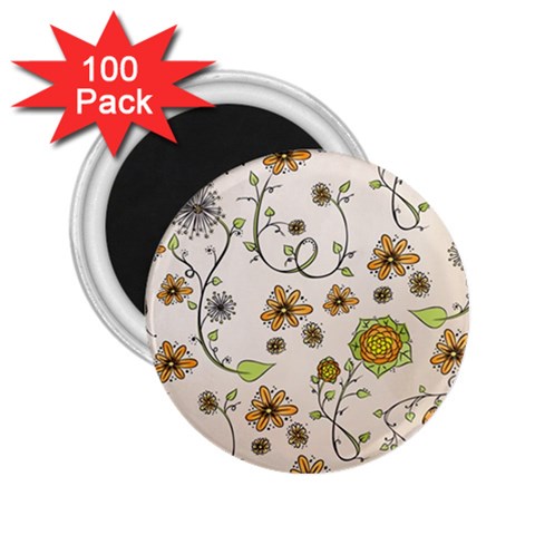 Yellow Whimsical Flowers  2.25  Button Magnet (100 pack) from UrbanLoad.com Front