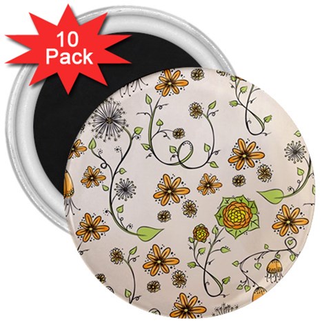 Yellow Whimsical Flowers  3  Button Magnet (10 pack) from UrbanLoad.com Front
