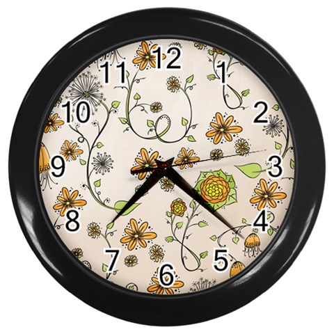 Yellow Whimsical Flowers  Wall Clock (Black) from UrbanLoad.com Front