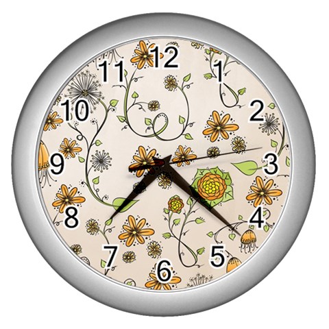 Yellow Whimsical Flowers  Wall Clock (Silver) from UrbanLoad.com Front