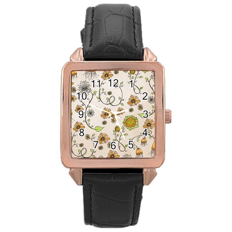 Yellow Whimsical Flowers  Rose Gold Leather Watch  from UrbanLoad.com Front