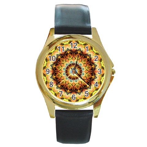 Ochre Burnt Glass Round Leather Watch (Gold Rim)  from UrbanLoad.com Front