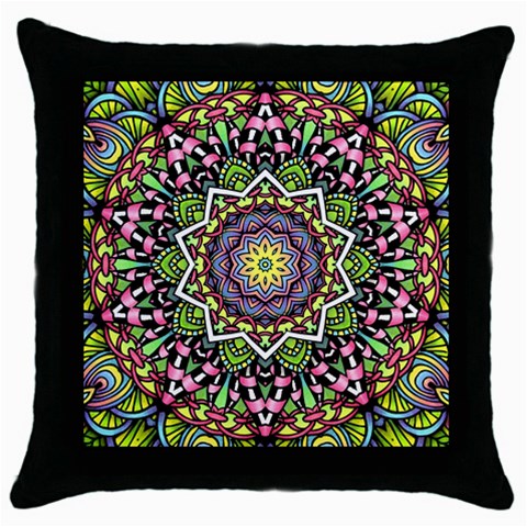 Psychedelic Leaves Mandala Black Throw Pillow Case from UrbanLoad.com Front
