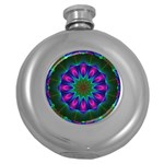 Star Of Leaves, Abstract Magenta Green Forest Hip Flask (Round)