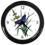 Flower and Blue Butterfly Wall Clock (Black)